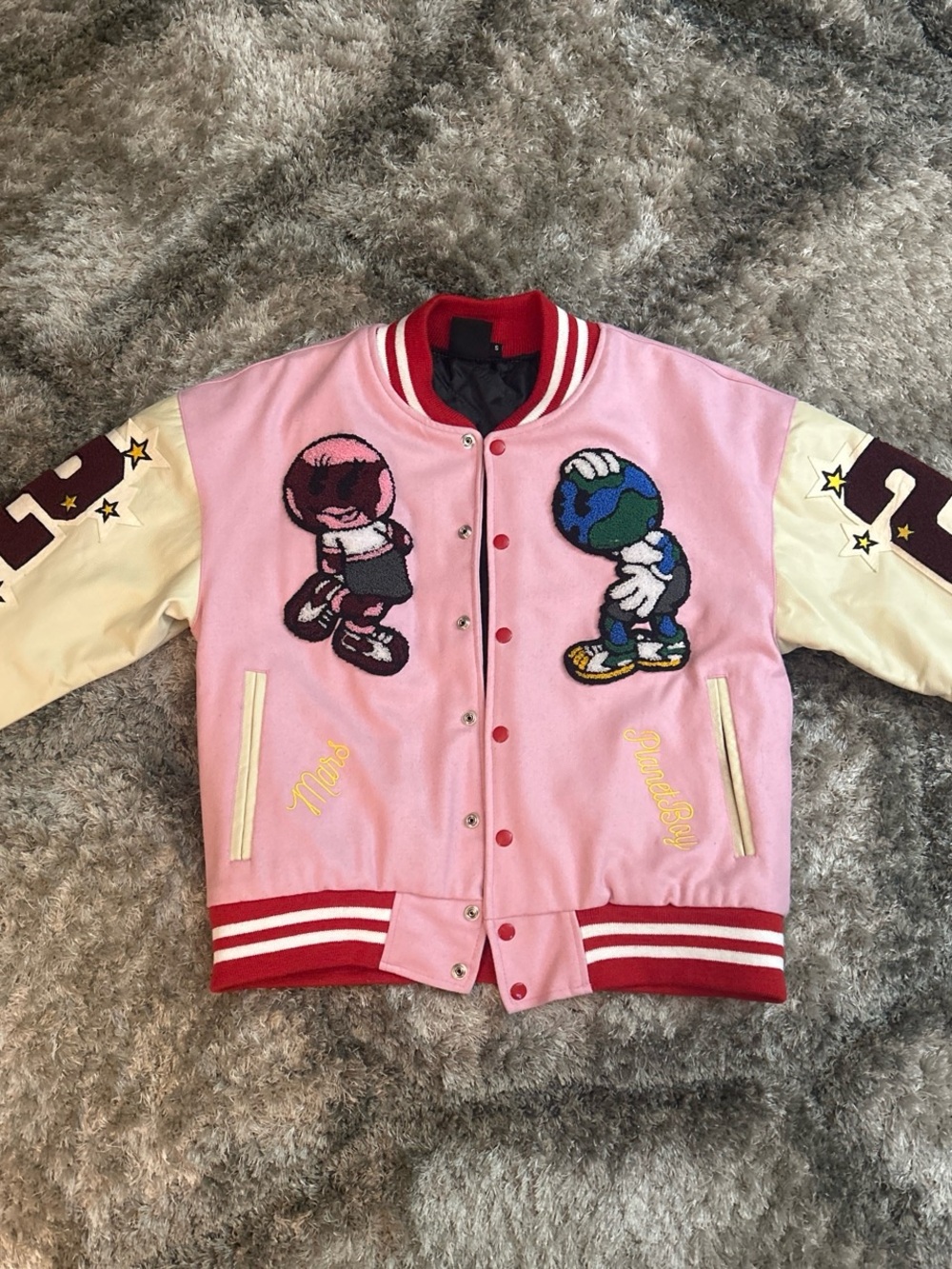 Pink Varsity Cartoon Patch Bomber Jacket